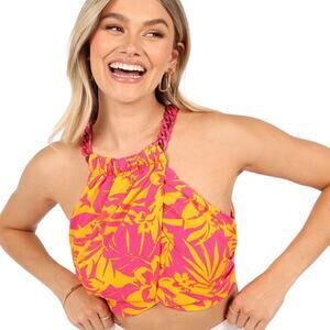 DO+BE Cropped Floral Tropical Hot Pink Citrus Orange Chain Strap Top Size Medium